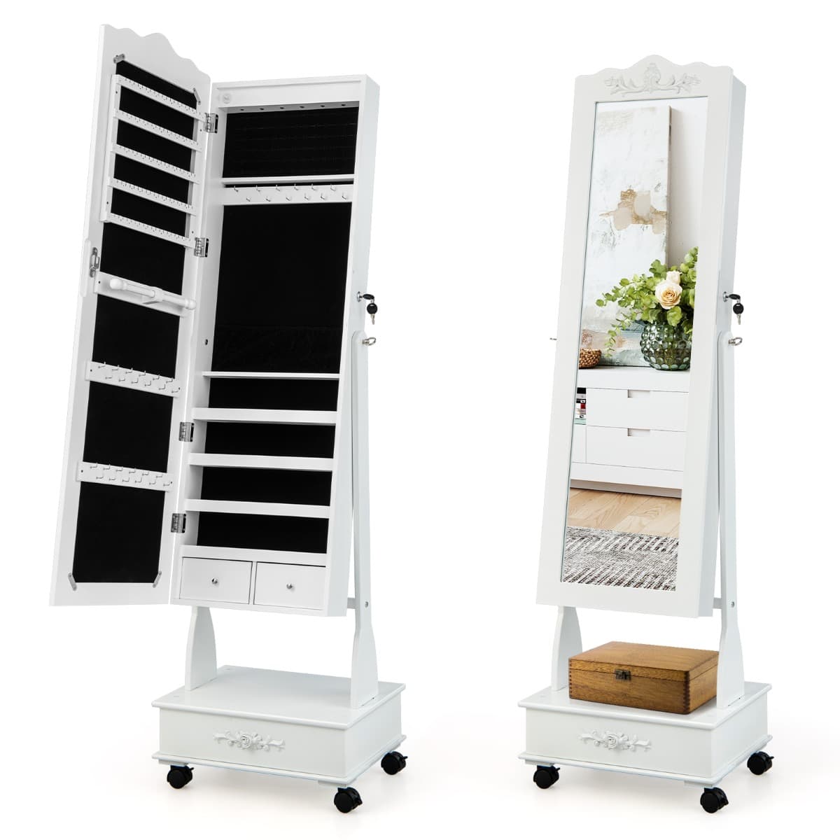 Armoire à Bijoux avec Miroir Pleine Longueur 4 Roues Verrouillables lumières LED et Tiroirs 3 Angles