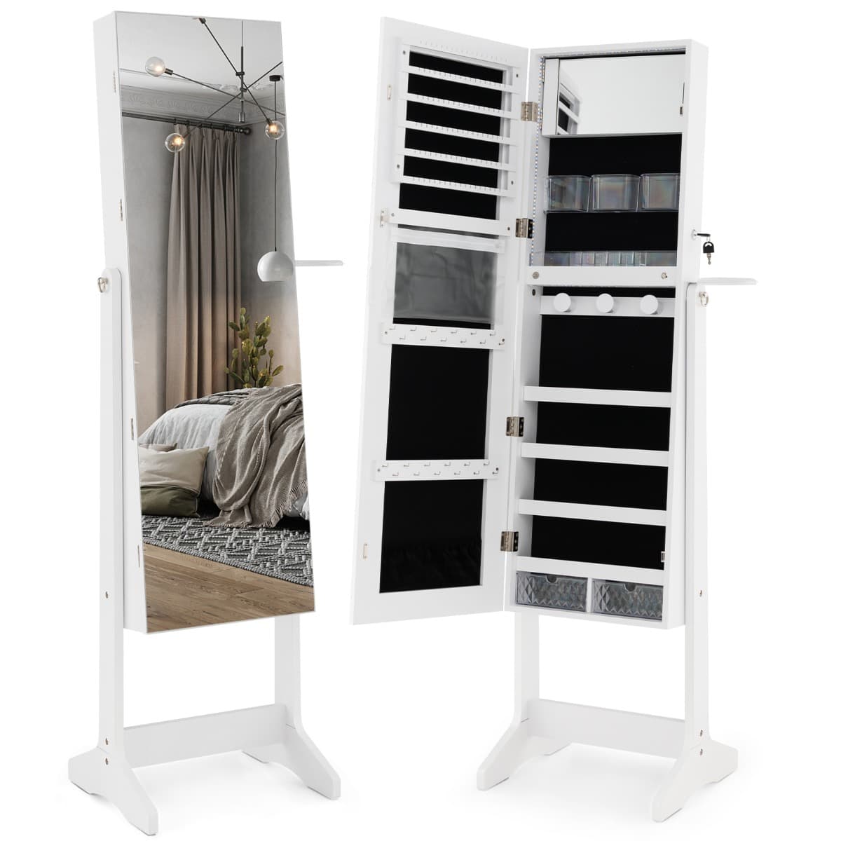 CostwayArmoire à Bijoux sur Pied avec Miroir Pleine Longueur LED Blanc