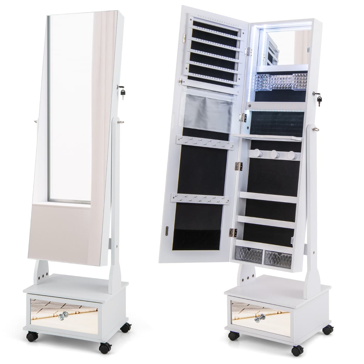 Armoire à Bijoux sur Pied 4 Roues Verrouillables Miroir Pleine Longueur Lumières LED Tiroir Serrure