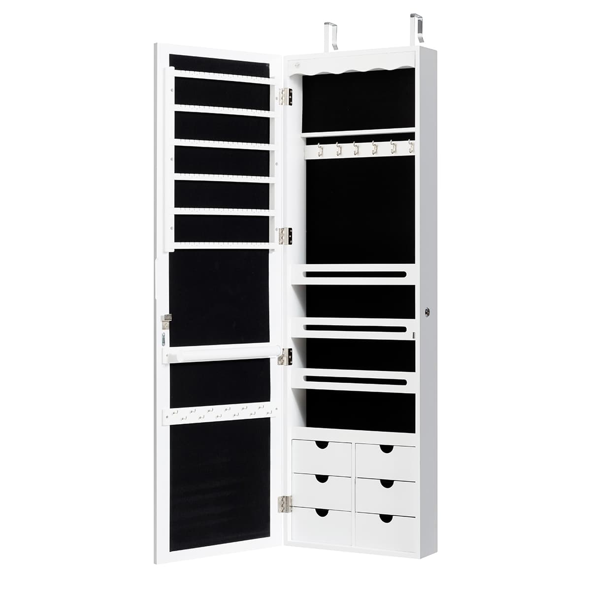 CostwayArmoire à Bijoux Murale LED avec Miroir 6 Tiroirs Hauteur du Crochet Ajustable 120x36,5x11,5CM