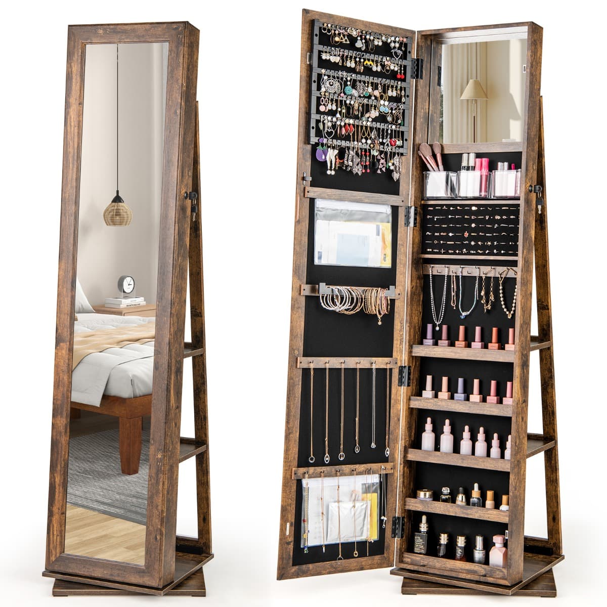 Armoire à Bijoux Pivotante à 360° Organisateur de Bijoux Debout avec Miroir 3 Boîtes de Rangement &