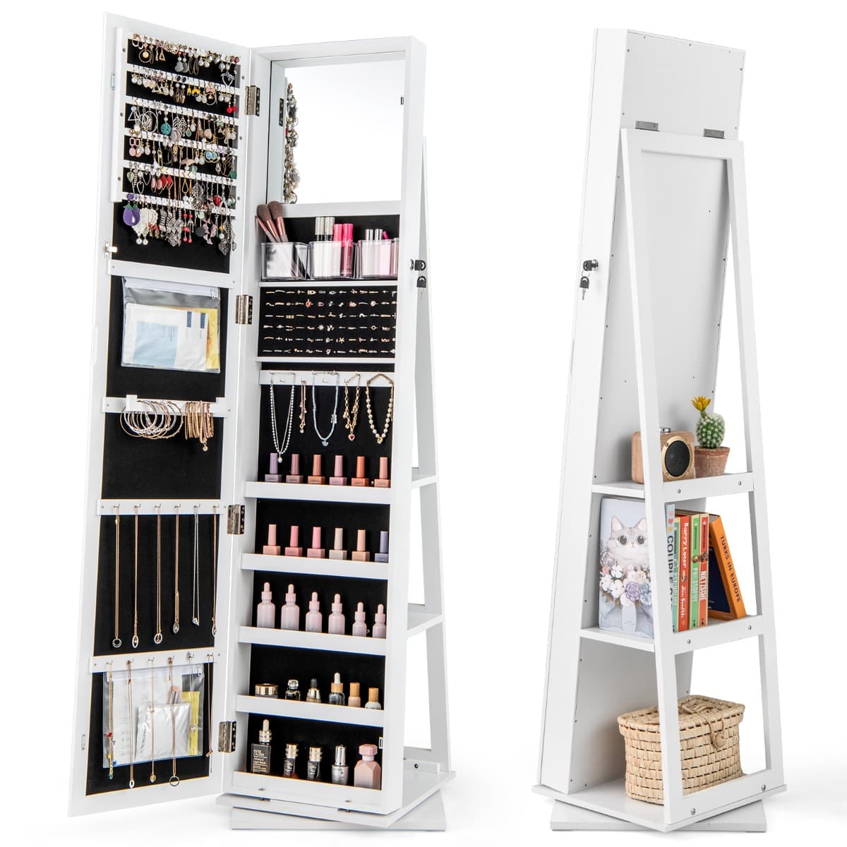 Armoire à Bijoux Pivotante à 360° Organisateur de Bijoux Debout avec Miroir 3 Boîtes de Rangement &